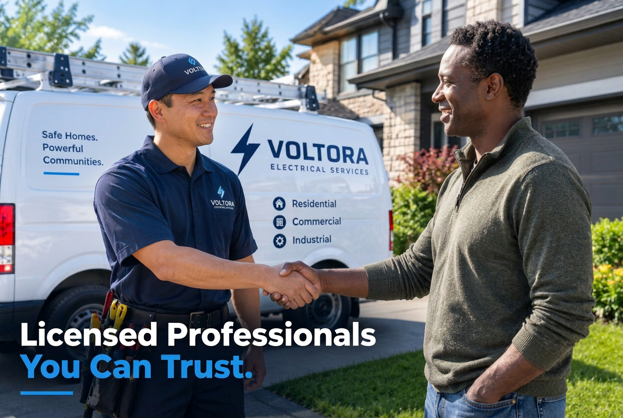 Voltora electrician greeting a homeowner beside a service van